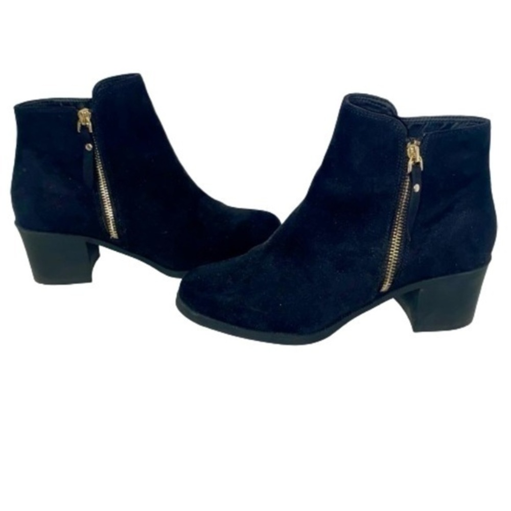 Black zip up faux suede booties ankle boots with gold zipper  8